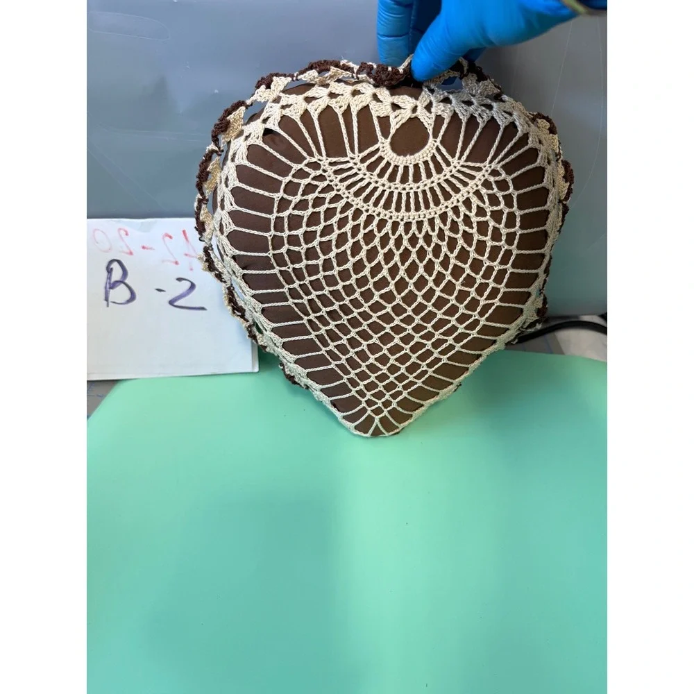 Vintage Crochet Heart Decorative Pillow Brown Cream Lace Doily Accent 8x9